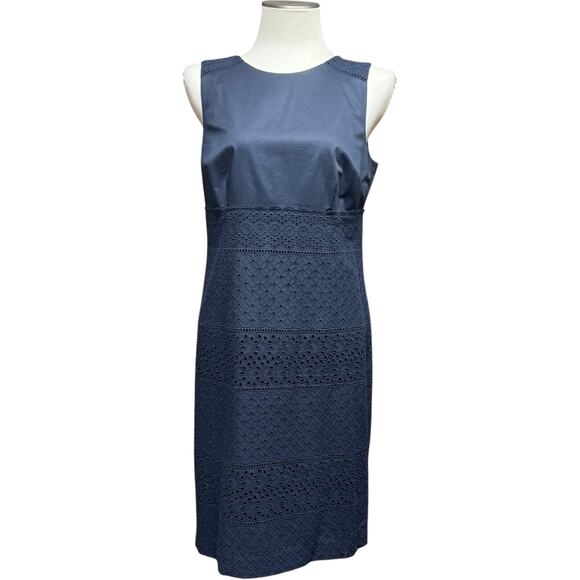 Ann Taylor Sleeveless Embroidered Eyelet Sheath Dress Dark Blue 10 - Picture 1 of 8